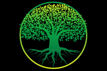 green tree circle on black background. Nature illustration. Circle tree logo icon template design. Stock image. EPS 10.