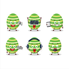 Wall Mural - Green easter egg cartoon character are playing games with various cute emoticons