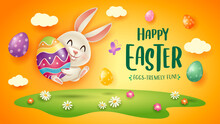 Happy Easter! Easter Festival Background With Bunny And Eggs On Grass.