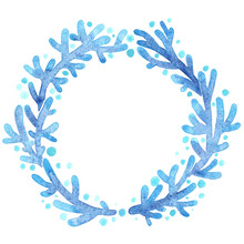 Blue Coral Wreath Frame Watercolor Hand Painting For Decoration On Ocean And Summer Holiday Theme Concept.