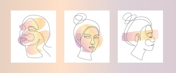 Poster - Set of Asian woman's face in one line art style. Continuous line drawing portrait with abstract gradient brush stroke for prints, tattoos, posters, emblems, cards and logo. Vector illustration