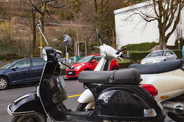 Wall Mural - Picture of a modern motor motorbike parked in downtown