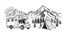 Camping In Nature, Motor Home, Mountain Landscape, Hand Drawn Style, Vector Illustrations.