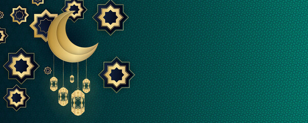 Islamic ramadan background. Ramadhan background with gold moon, crescent, and lantern on green background. ramadan kareem islamic greeting card background vector illustration