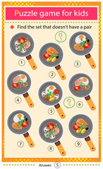 Wall Mural - Find a set that does not have a pair. Puzzle for kids. Matching game, education game for children. Color image of frying pans and products. Food and meals