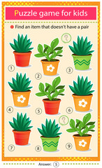 Wall Mural - Find a item that does not have a pair. Puzzle for kids. Matching game, education game for children. Color images of houseplants or indoor plants. Worksheet to develop attention.