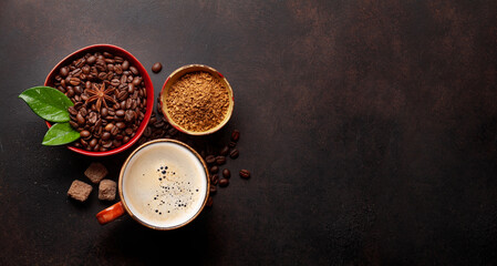 Canvas Print - Roasted coffee beans, ground powder and espresso