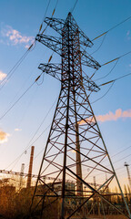 Wall Mural - high voltage electric transmission tower. distribution electric substation with power lines and tran