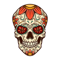 Illustration of mexican sugar skull. Design element for logo, label, sign, poster. Vector illustration