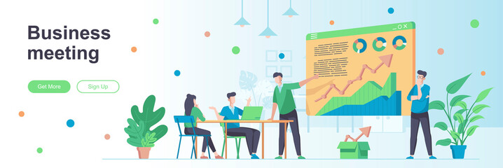 Fototapete - Business meeting landing page with people characters. Business team conference web banner. Collaboration and partnership vector illustration. Flat concept great for social media promotional materials.