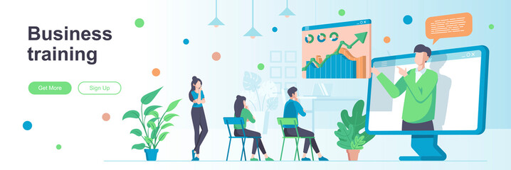 Leinwandbilder - Business training landing page with people characters. Online webinar with business coach banner. Professional workshop vector illustration. Flat concept great for social media promotional materials.