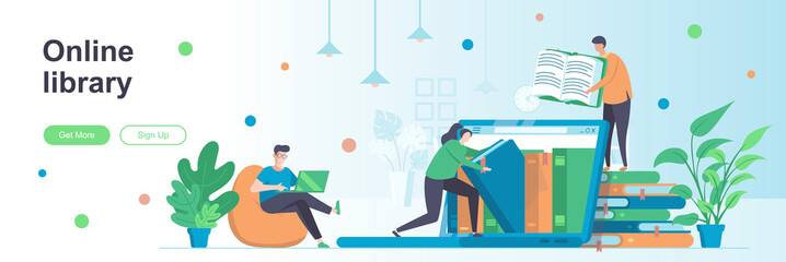 Fototapete - Online library landing page with people characters. Electronic books reading service web banner. Literature and knowledges vector illustration. Flat concept great for social media promotional material