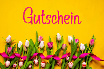 Wall Mural - Colorful Tulip, Gutschein Means Voucher, Easter Egg, Yellow Background