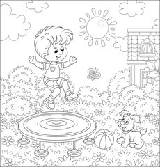 Wall Mural - Happy little boy playing with his small pup and jumping on a toy trampoline on a front lawn on a sunny summer day, black and white outline vector cartoon illustration