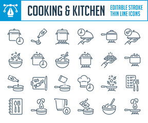Poster - cooking and food preparation thin line icons. boiling and frying food on kitchen outline icon set. e