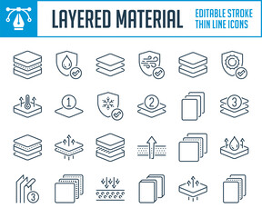 Layered material and Mattress covering thin line icons. Fabric layers and Type of fabric outline icon set. Editable stroke icons.