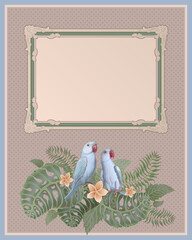 Vector illustration of two blue Indian ring-neck parrots, tropical foliage and flowers in vintage frame on a dotted beige background