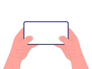 Poster - Two hands holding smartphone horizontally on white background. Game concept. Mockup for your text, app. Vector.