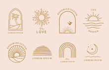 Collection Of Line Design With Sun,sea,wave.Editable Vector Illustration For Website, Sticker, Tattoo,icon