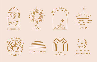 collection of line design with sun,sea,wave.editable vector illustration for website, sticker, tatto