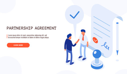 Poster - Partnership agreement concept. Two businessman finishing successful business deal. Isometric web banner. Vector illustration.