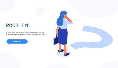 Poster - Problem concept. Woman thinking about the problem. Isometric web banner. Vector illustration.