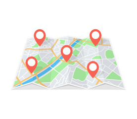 Poster - Folded paper city map with red pin pointer. Vector.