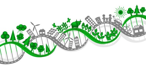 Vector illustration of DNA interweaving of human life and industry with nature. Creative design element for environmental concepts. Set of simple eco icons