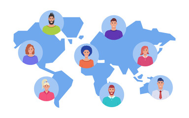 Poster - User icons on the background of the world map. Teamwork concept around the world. Vector.