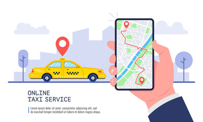Poster - Online taxi service concept. Yellow taxi cab and hand holding smartphone with taxi application and city landscape. Vector.
