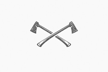 Silhouette lumberjack axes crossed as symbol of logging industry in nature hand drawn stamp effect vector illustration