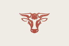 Bull Head Silhouette With Large Horns For Animal Husbandry Industry Hand Drawn Stamp Vector Illustration.