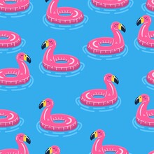 Iinflatable Swimming Ring Seamless Pattern. Pink Flamingo In Water. Cartoon Vector Illustration