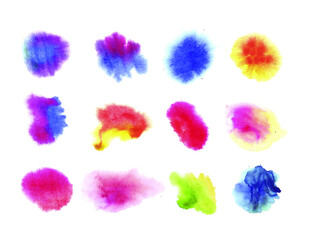 Wall Mural - Vector Set of Watercolor Gradient Spots, Soft Wash Paint, Different Colors, Colorful Elements Isolated on White Background.
