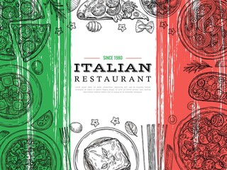 Wall Mural - Italian food banner. Restaurant menu, vegetables and spaghetti sketch. Italy cuisine, lunch poster with pizza pasta ravioli vector design