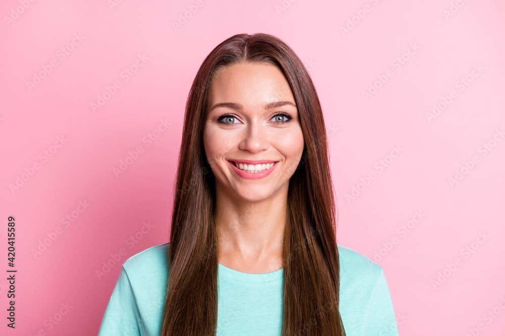 Portrait of young attractive happy positive good mood woman smiling look camera isolated on pink color background - obrazy, fototapety, plakaty 