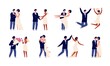© MicroOne - Wedding couples scenes. Marriage couple, bride groom cartoon characters. Wed party, happy newlywed ceremony and celebrations utter vector set