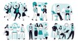 © MicroOne - Office scenes. Business people characters, outline woman presenting project. Cartoon person communication, research or meetings decent vector set