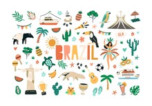 Colorful Set Of Brazilian Culture And Nature. Bundle Of Brazil National Symbols Isolated On White Background. Colored Flat Vector Illustration Of Animals, Plants, Statues And Food Of Brasil
