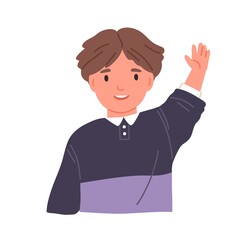 Poster - Smiling child waving with hand and saying hi. Portrait of boy with happy face greeting smb. Little kid from kindergarten or elementary school. Flat vector illustration of schoolboy isolated on white