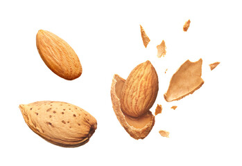Wall Mural - Almond shell cracked into pieces and whole almond isolated on white