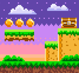Aufkleber - Pixel-game background with coins in the sky. Pixel art game scene with green grass and wooden chest