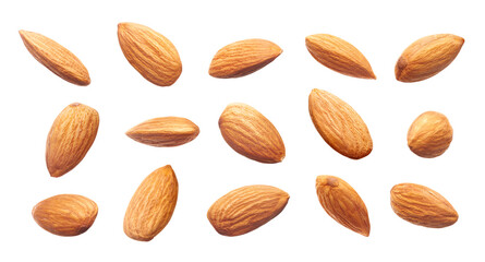 Wall Mural - Different angle of raw almonds isolated on white background