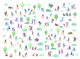 People Spending Time, Relaxing on Nature, family and children performing sports outdoor activities at park, walking dog, doing yoga, riding bicycles, tennis workout. Cartoon vector