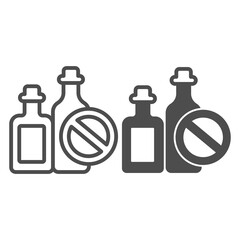 Poster - Bottles of spirits and prohibition sign line and solid icon, World cancer day concept, No alcohol addiction sign on white background, causes of cancer icon in outline style. Vector graphics.