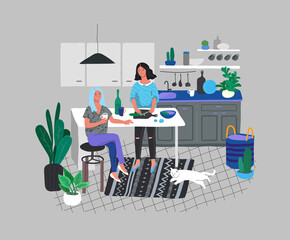 Girlfriends preparing dinner in kitchen drink coffee and talking. Daily life and everyday routine scene by young woman in scandinavian, style cozy interior with homeplants. Cartoon vector