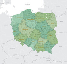 Detailed Map Of Poland With Administrative Divisions Into 16 Provinces (voivodeships) And Counties (powiats), Major Cities Of The Country, Vector Illustration On White Background
