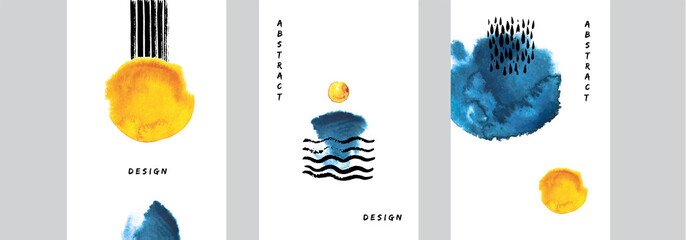 Wall Mural - Abstact art design set. Hand painted minimalistic composition. Watercolor and inc paint stains in contemporary template. Cover, card, poster and banner modern design