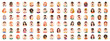 Portraits and avatars of people, male and female expressing emotions. Laughter and joy, smile and calmness. Diversity of personages, multiethnic society. Cartoon characters, vector in flat style