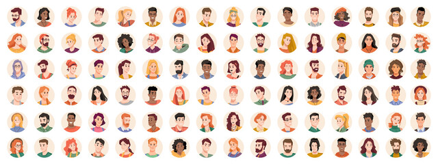 portraits and avatars of people, male and female expressing emotions. laughter and joy, smile and ca